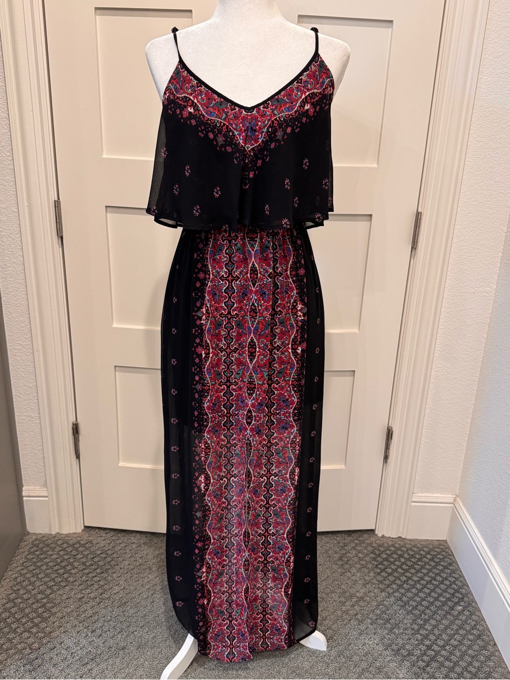 Express Black Maxi Dress with Pink & Blue Paisley Panel